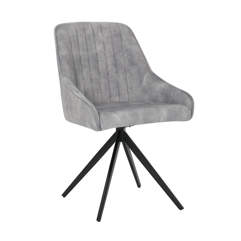 Front and angled image of the Sofia light grey swivel dining chairs with black metal legs and velvet seat.