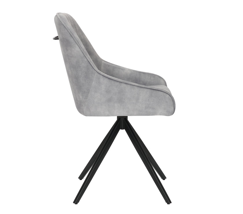 Side image of the Sofia light grey swivel dining chairs with black metal legs and velvet seat.