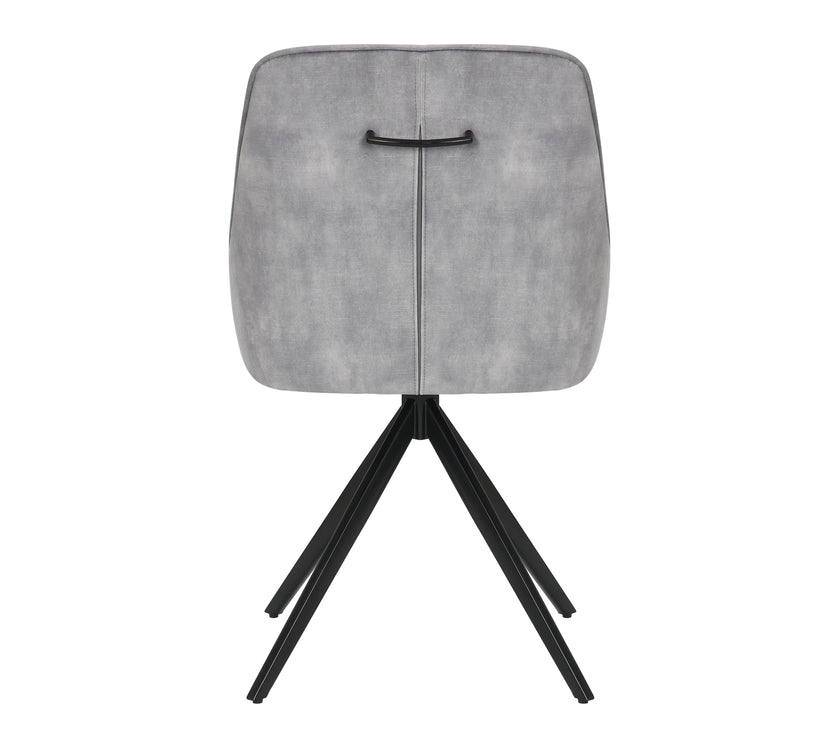 Back view of the Sofia light grey swivel dining chairs with black metal legs and velvet seat.