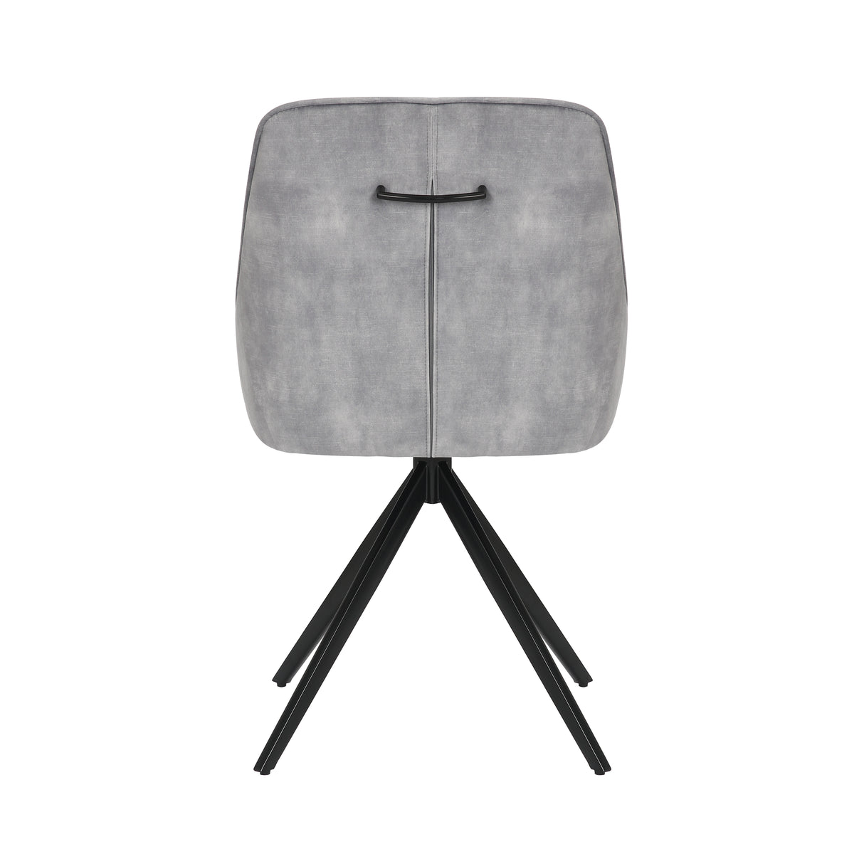 Back view of the Sofia light grey swivel dining chairs with black metal legs and velvet seat.