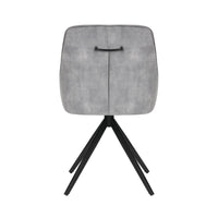 Back view of the Sofia light grey swivel dining chairs with black metal legs and velvet seat.