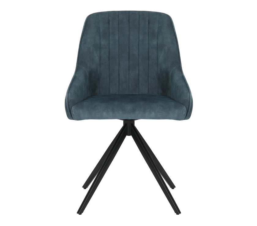 Front image of the Sofia velvet blue swivel dining chairs with black metal legs and velvet seat.