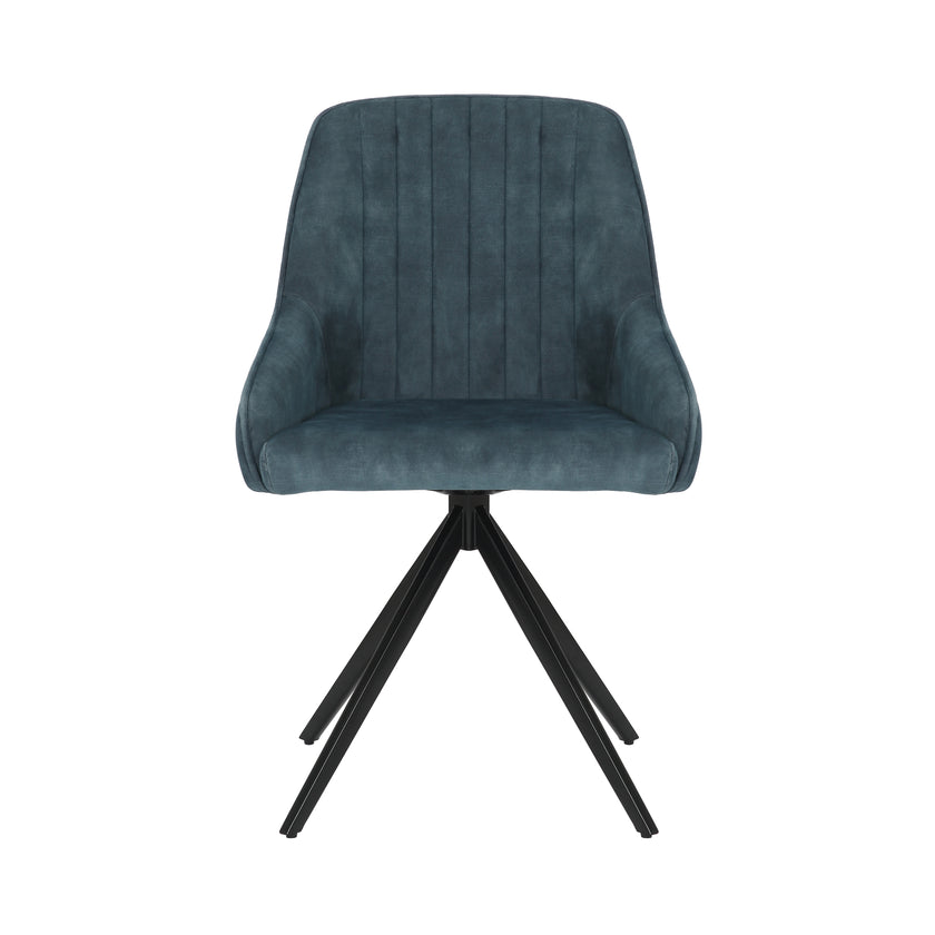 Front image of the Sofia velvet blue swivel dining chairs with black metal legs and velvet seat.