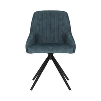 Front image of the Sofia velvet blue swivel dining chairs with black metal legs and velvet seat.