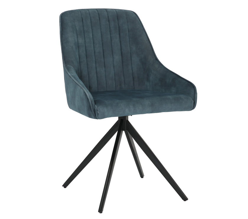 Angled view of the Sofia velvet blue swivel dining chairs with black metal legs and velvet seat.