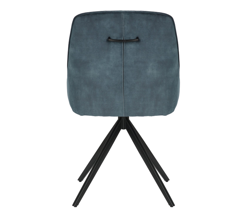 Back view of the Sofia velvet blue swivel dining chairs with black metal legs and velvet seat.