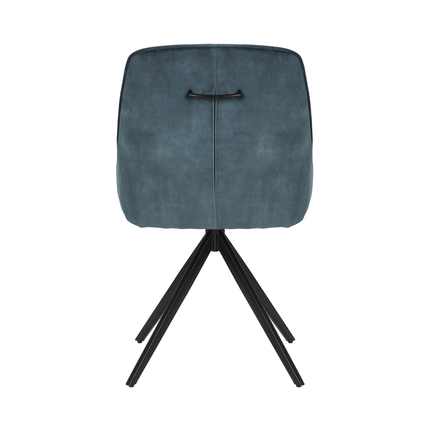 Back view of the Sofia velvet blue swivel dining chairs with black metal legs and velvet seat.