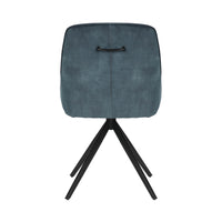 Back view of the Sofia velvet blue swivel dining chairs with black metal legs and velvet seat.