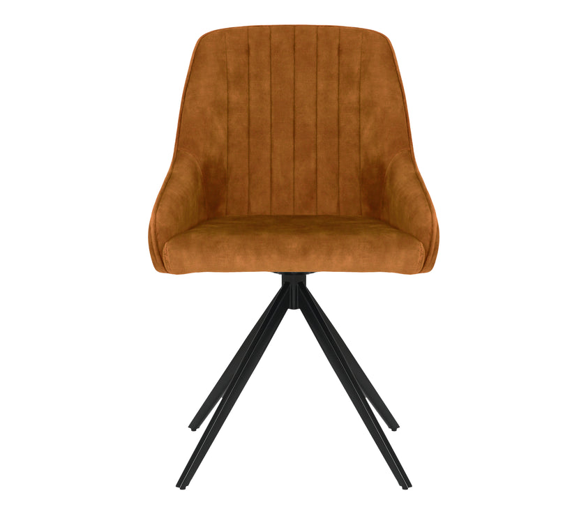 Front image of the Sofia Mustard swivel dining chairs with black metal legs and velvet upholstery.