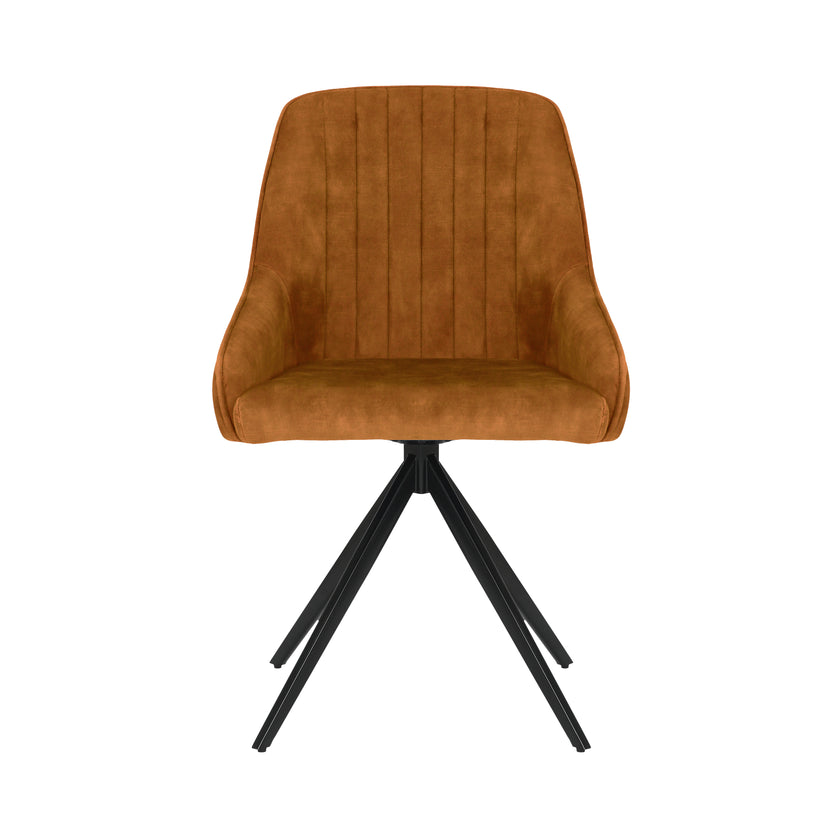 Front image of the Sofia Mustard swivel dining chairs with black metal legs and velvet upholstery.