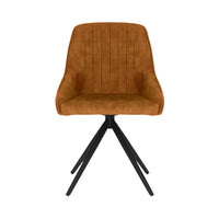 Front image of the Sofia Mustard swivel dining chairs with black metal legs and velvet upholstery.