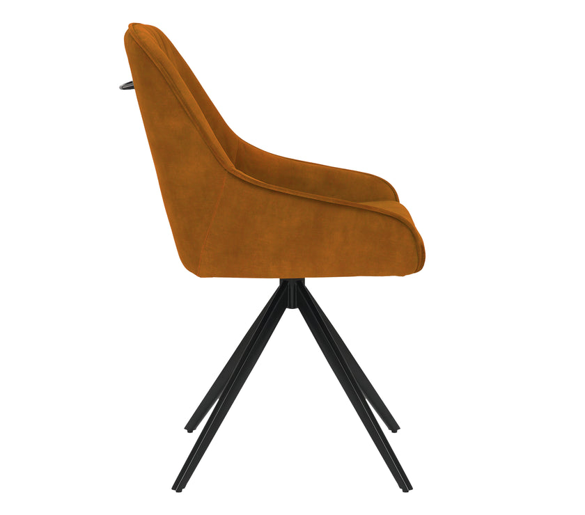 Side image of the Sofia Mustard swivel dining chairs with black metal legs and velvet upholstery.