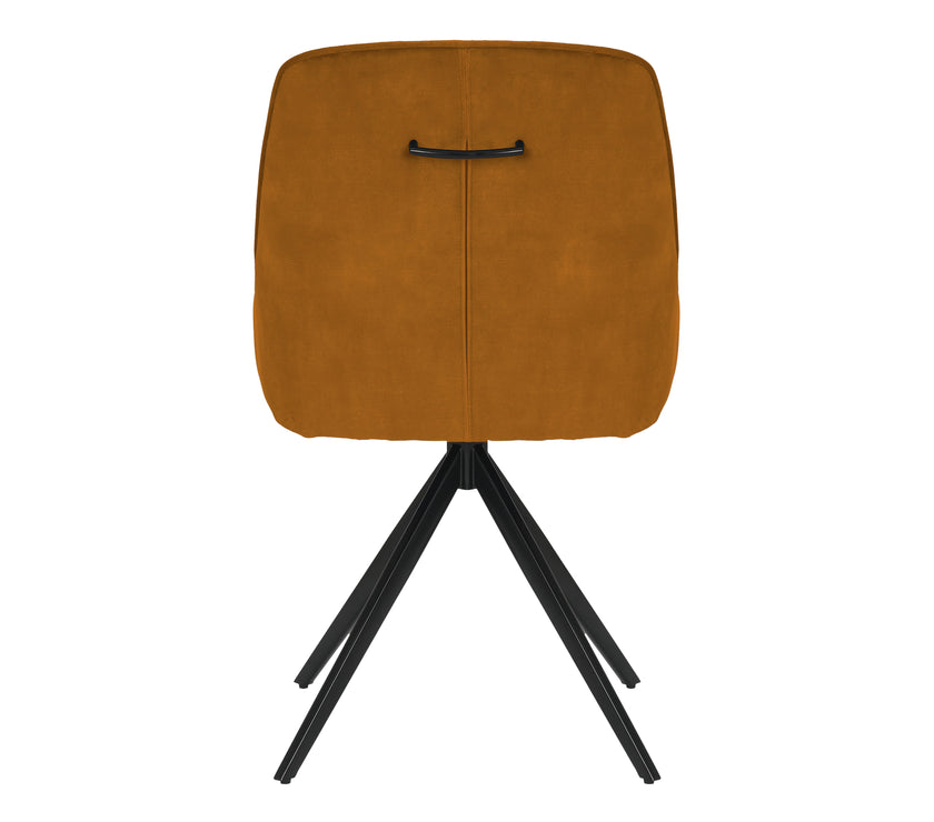 Back view of the Sofia Mustard swivel dining chairs with black metal legs and velvet upholstery.