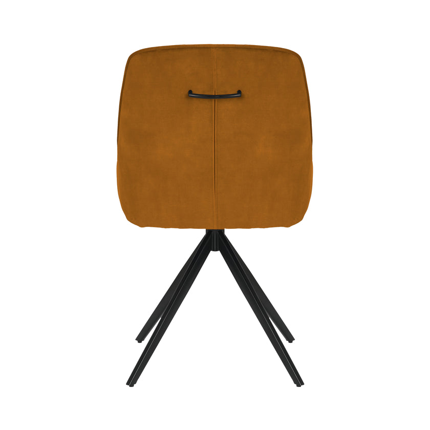 Back view of the Sofia Mustard swivel dining chairs with black metal legs and velvet upholstery.