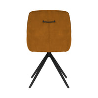 Back view of the Sofia Mustard swivel dining chairs with black metal legs and velvet upholstery.