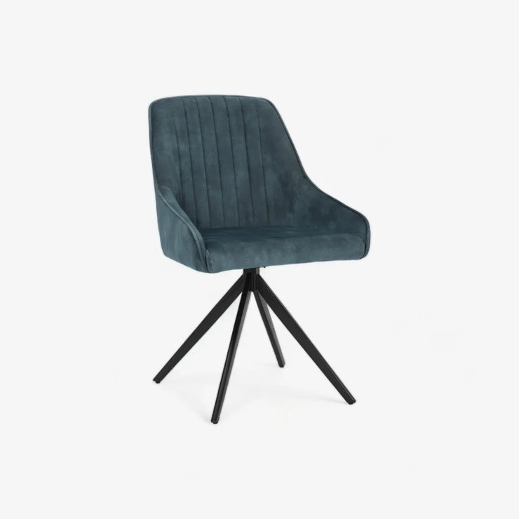 Front and angled view of the Sofia velvet blue swivel dining chairs with black metal legs and velvet seat.