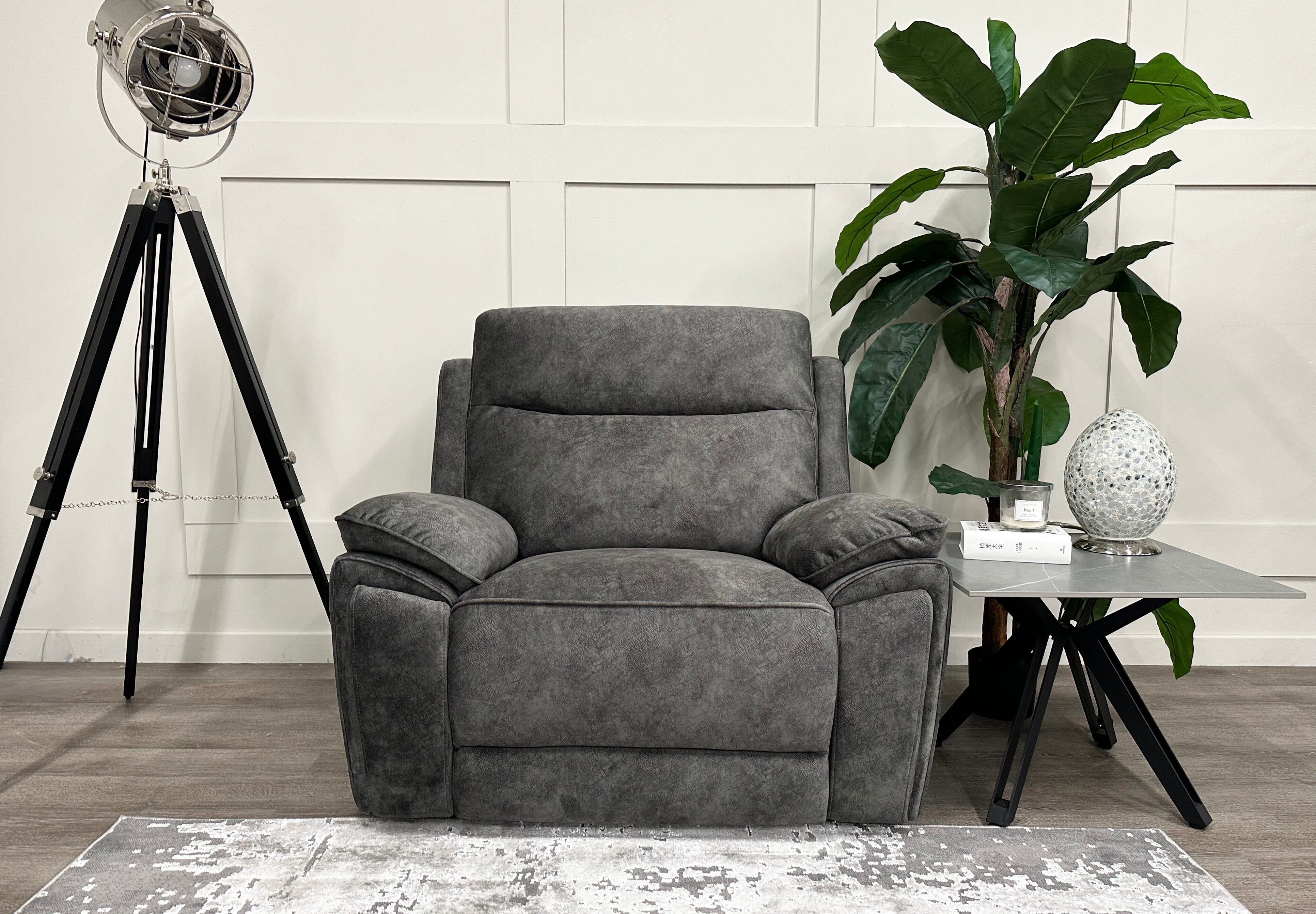 Front view of the grey Osaka Love Chair Power Recliner in a room