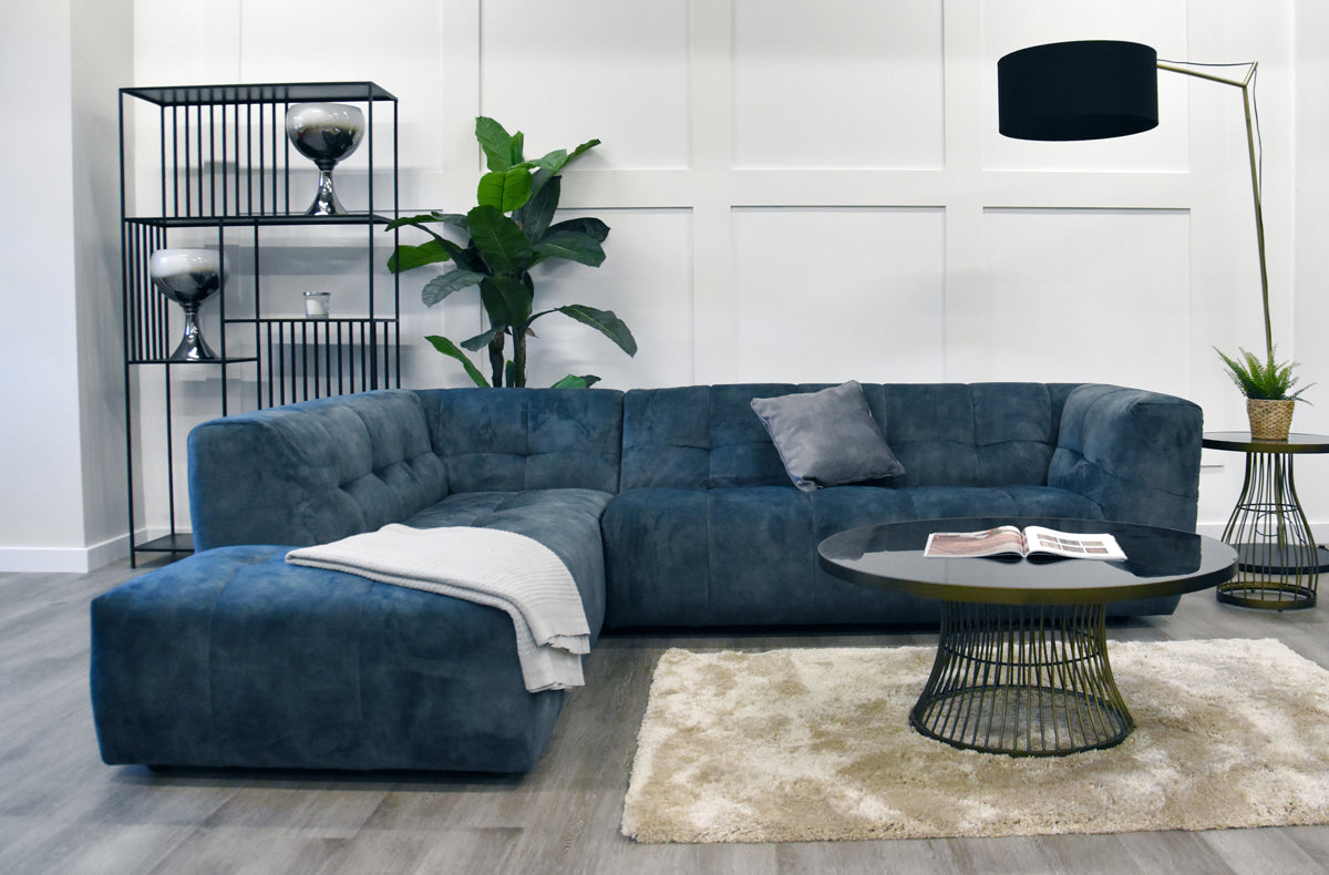 Velvet blue store sectional couch