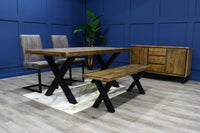 image of our new york dining table styled with our stunning dining chairs. It is a wooden dining table. Also it is a reclaimed wood dining table.