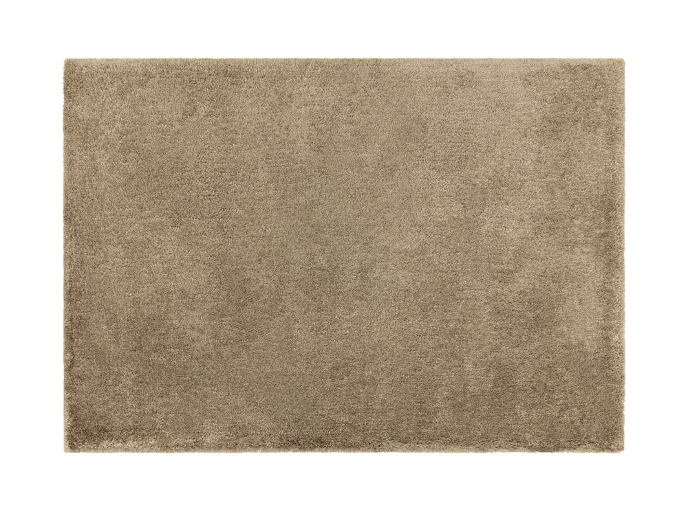 A taupe rug on white background. 
