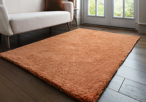 A terracotta rug on a wooden floor with a sofa in the background.
