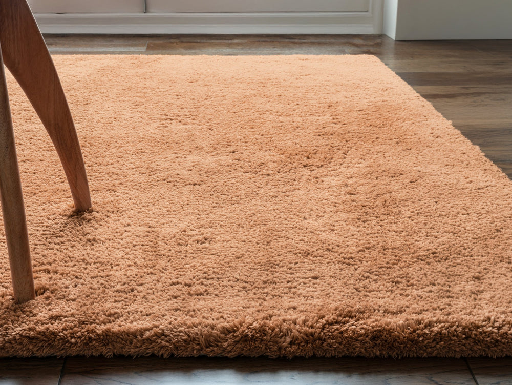 A terracotta rug on a wooden floor.