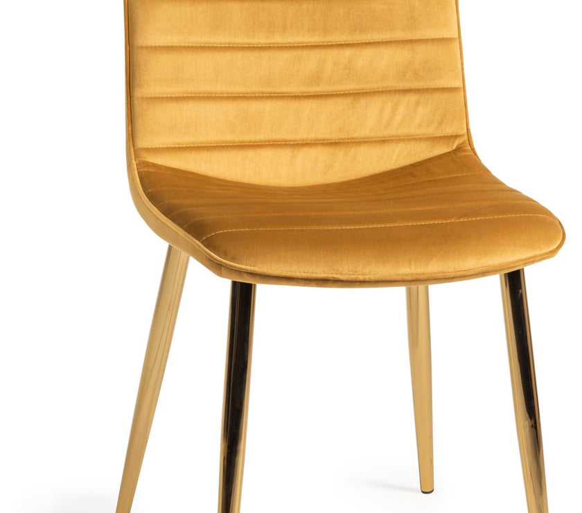 Angled and front Image of the Aso Velvet Dining Chairs with tapered back, light-reflecting velvet, and golden tapered legs.