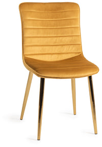 Angled and front Image of the Aso Velvet Dining Chairs with tapered back, light-reflecting velvet, and golden tapered legs.