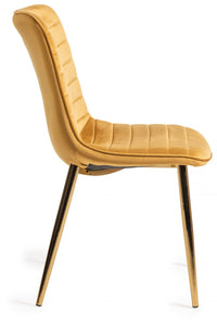 Side image of the Aso Velvet Dining Chairs with tapered back, light-reflecting velvet, and golden tapered legs.