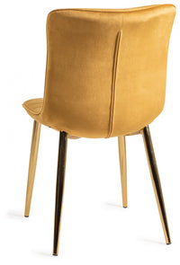 Back and angled image of the Aso Velvet Dining Chairs with tapered back, light-reflecting velvet, and golden tapered legs.