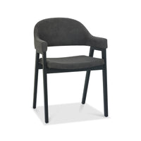 Front and angled view of the Candice Dark Grey Fabric Dining Chairs with Armrests and Oak Frame.