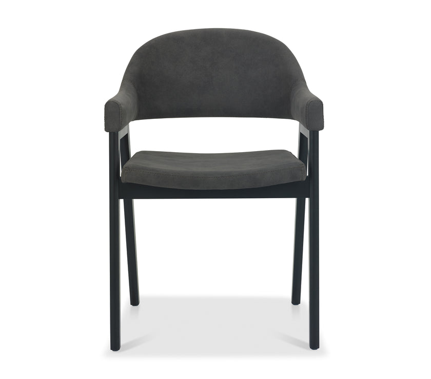 Front view of the Candice Dark Grey Fabric Dining Chairs with Armrests and Oak Frame.
