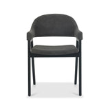 Front view of the Candice Dark Grey Fabric Dining Chairs with Armrests and Oak Frame.