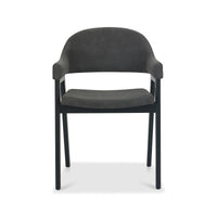 Front view of the Candice Dark Grey Fabric Dining Chairs with Armrests and Oak Frame.