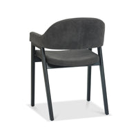 Angled and back view if the Candice Dark Grey Fabric Dining Chairs with Armrests and Oak Frame.