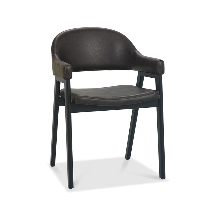 Front view of the Candice Upholstered Dining Chairs with arm rests and oak frame.