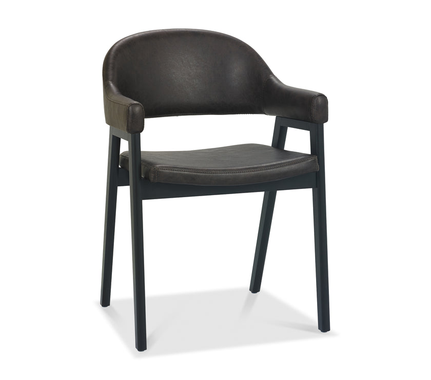 Front view of the Candice Upholstered Dining Chairs with arm rests and oak frame.