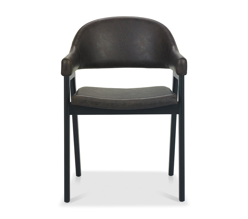 Front view of the Candice Upholstered Dining Chairs with arm rests and oak frame.