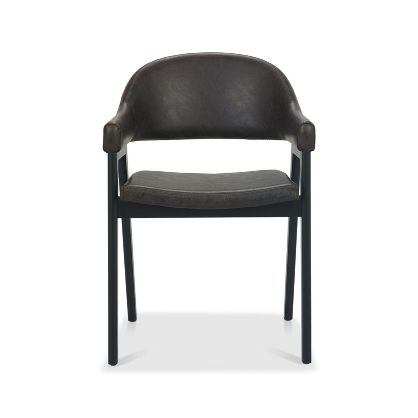 Front view of the Candice Upholstered Dining Chairs with arm rests and oak frame.
