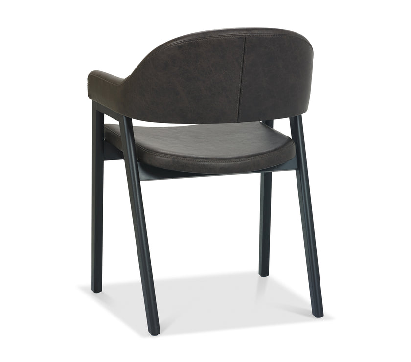 Angled and back view of the Candice Upholstered Dining Chairs with arm rests and oak frame.