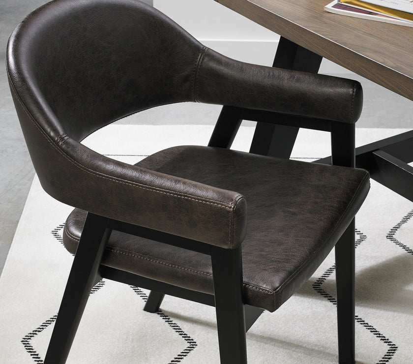 Angled and up close view of the Candice Upholstered Dining Chairs with arm rests and oak frame.