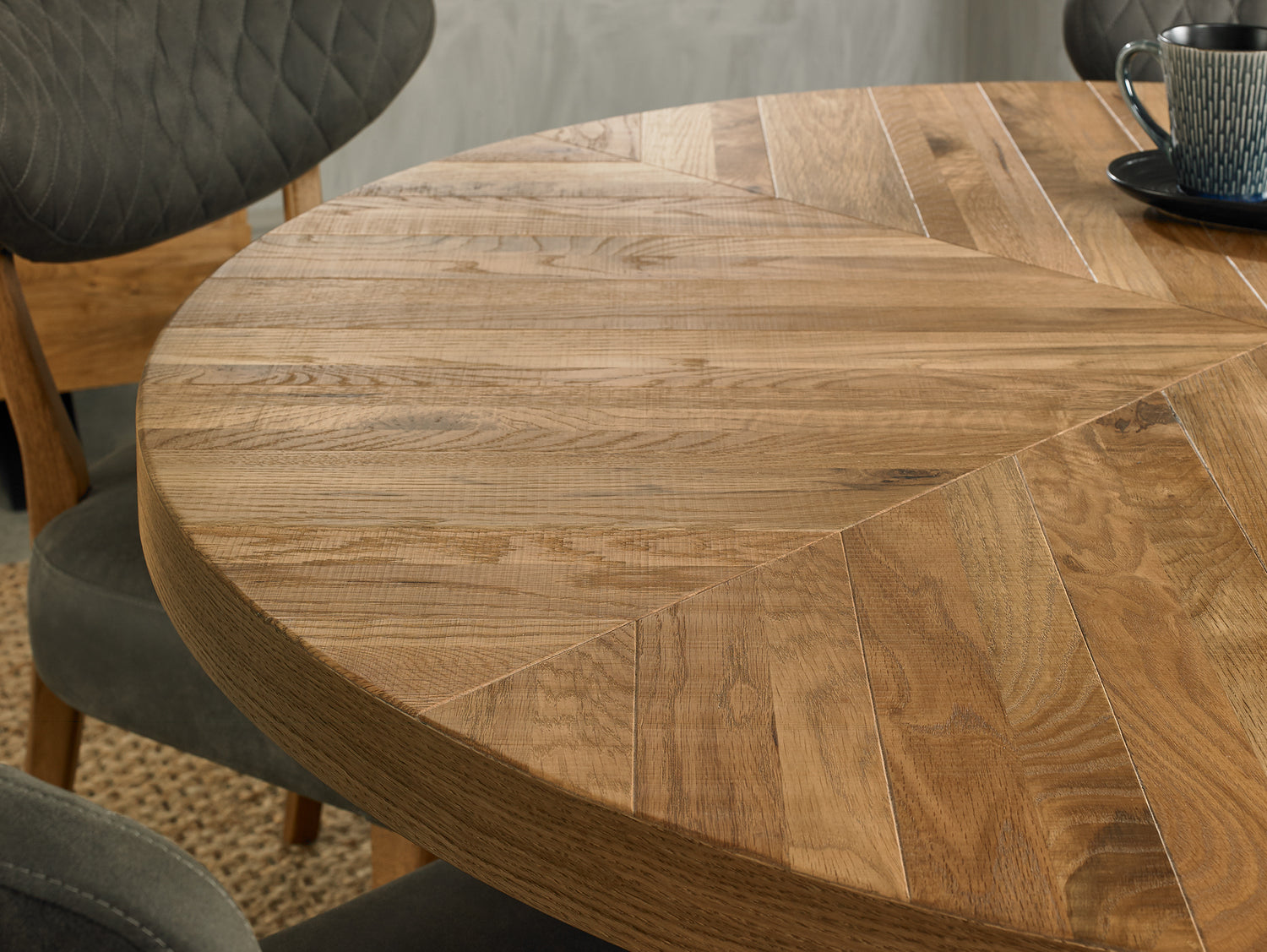 Close up view of the Elliot Rustic Oak Round Dining Table