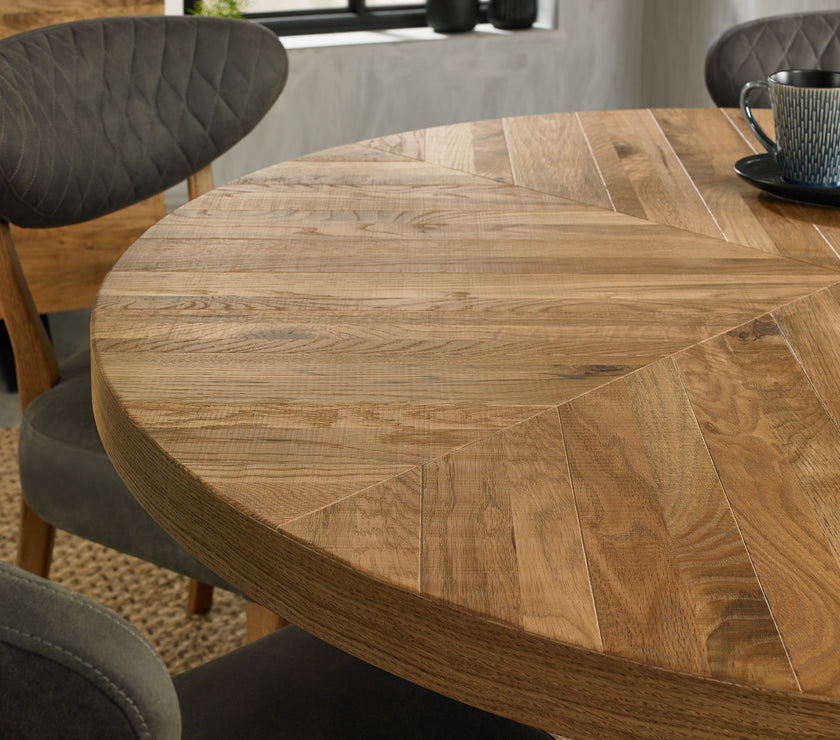 Close up view of the Elliot Rustic Oak Round Dining Table