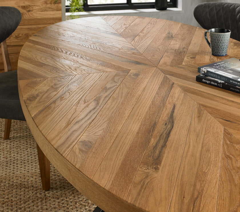 Close up view of the Elliot Rustic Oak Oval Dining Table