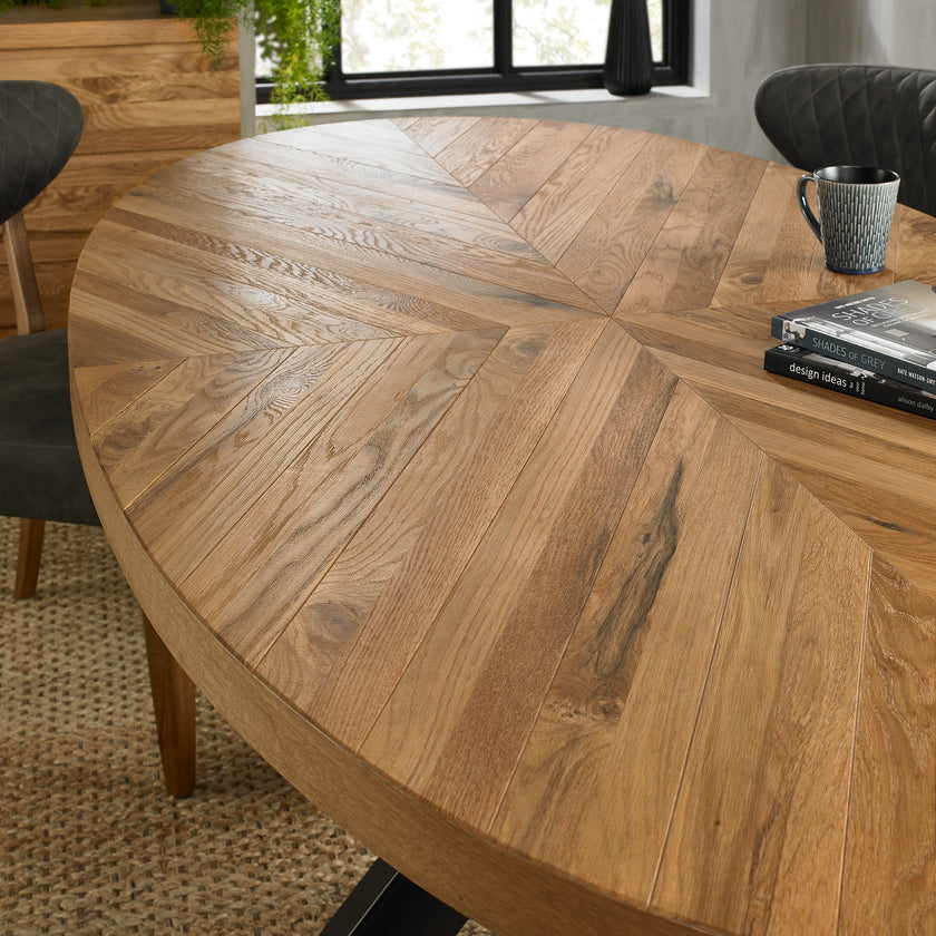 Close up view of the Elliot Rustic Oak Oval Dining Table