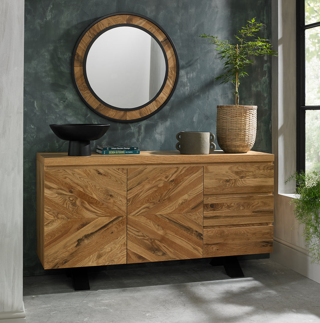 Image of the Elliot Rustic Oak Sideboard styled with accessories.