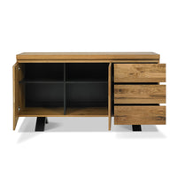 Image of the Elliot Rustic Oak Sideboard with its doors opened.