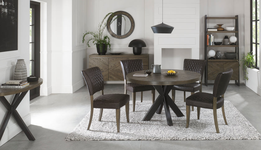 Image of the Landon Fumed Oak Dining Chairs Saddle Faux Leather with dark oak frame styled with NCF's Dining Furniture.
