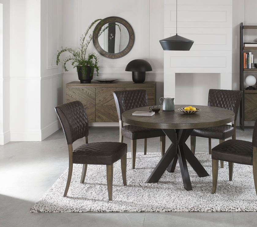 Image of the Landon Fumed Oak Dining Chairs Saddle Faux Leather with dark oak frame styled with NCF's Dining Furniture.
