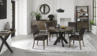 Image of the Landon Fumed Oak Dining Chairs Saddle Faux Leather with dark oak frame styled with NCF's Dining Furniture.
